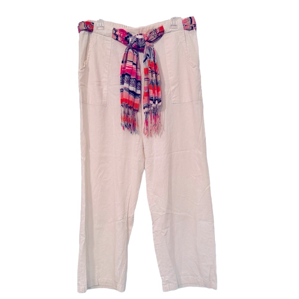 IT’S Size 1X Off White Pullon Flat Front Elastic Back Linen Pants Scarf Tie Belt - Picture 1 of 7